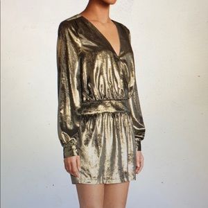 Metallic velvet long sleeve v-neck mini dress